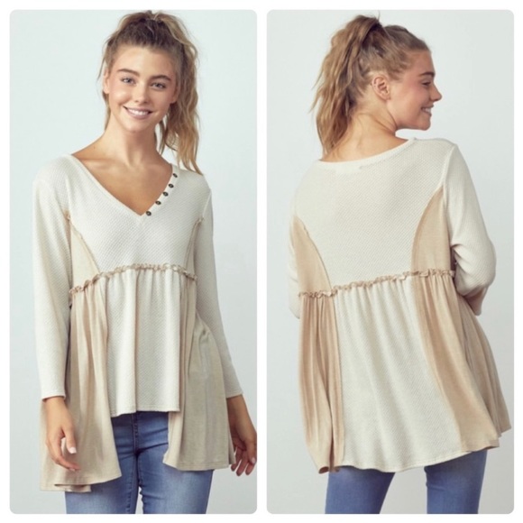 #2038 Buttoned Detail Relaxed Fit V Neck Long Sleeve Top - Picture 9 of 15